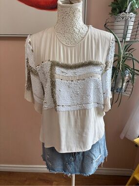 By Malene Birger Cream Beaded Sequin Draped Pullover Blouse, Size Medium